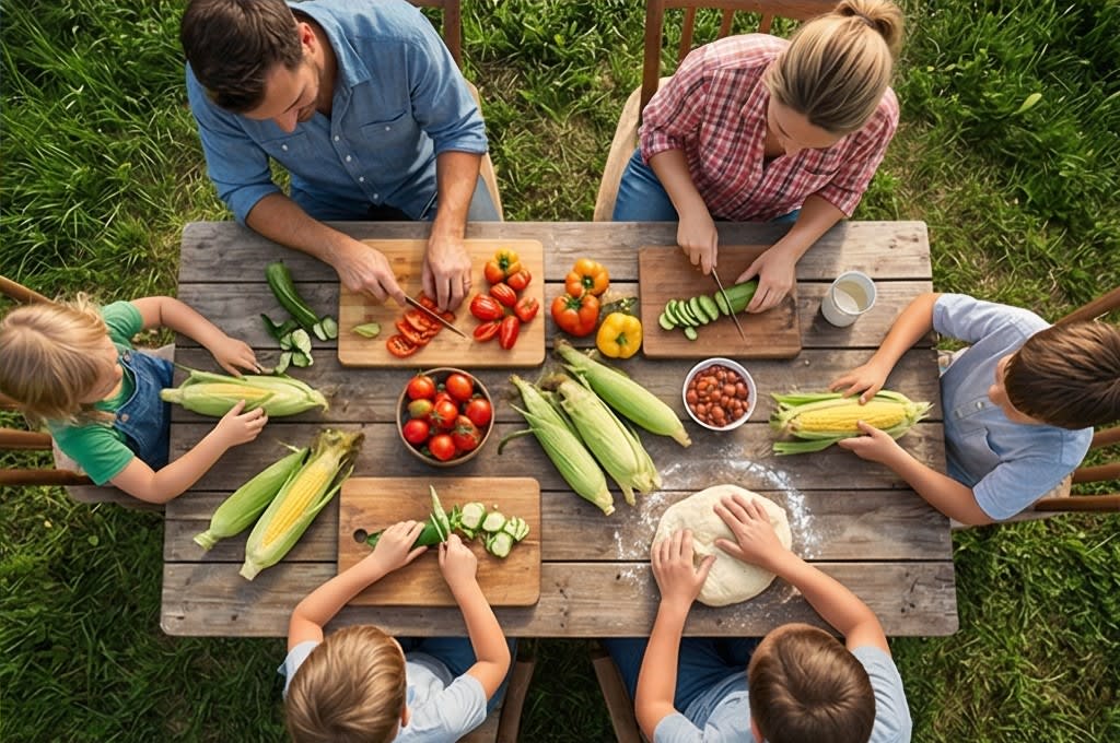 가족이 신선한 채소를 손질하는 모습