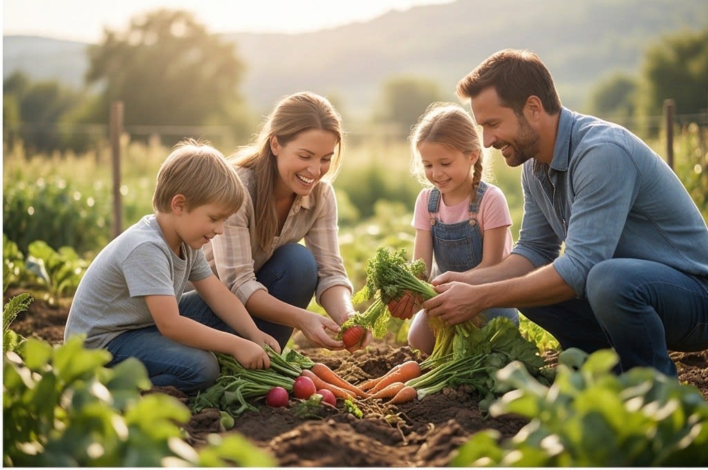 가족이 흙 묻은 당근을 수확하는 모습