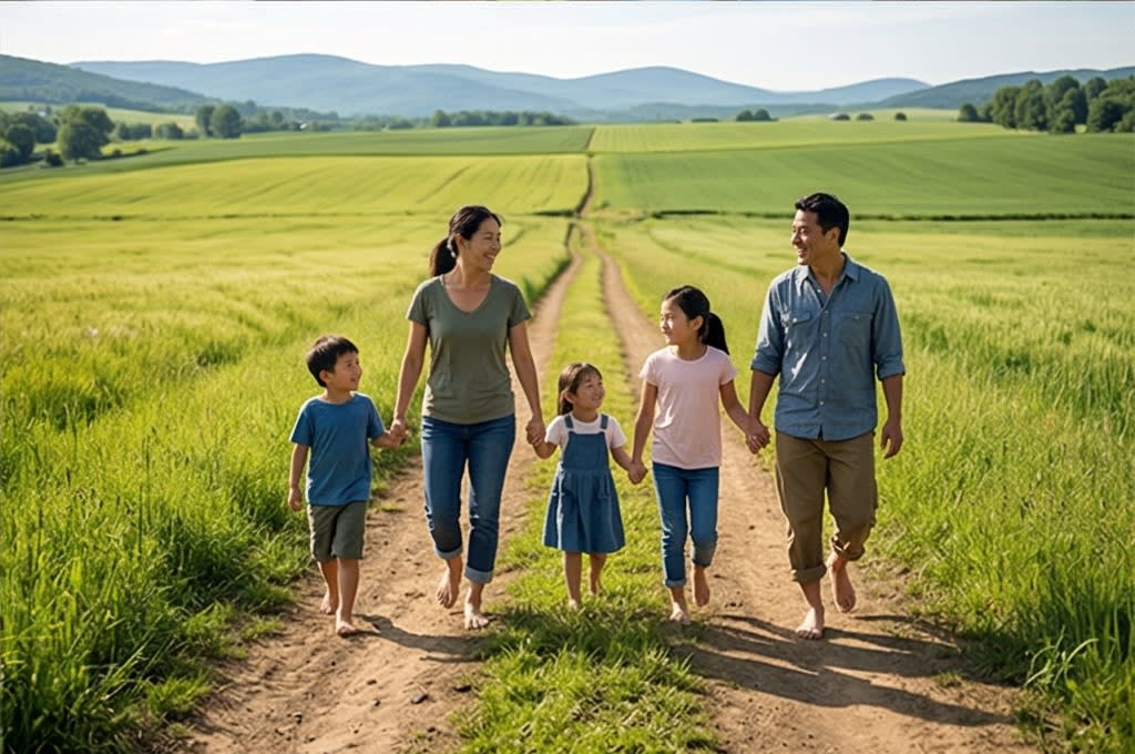 들판 걷는 가족