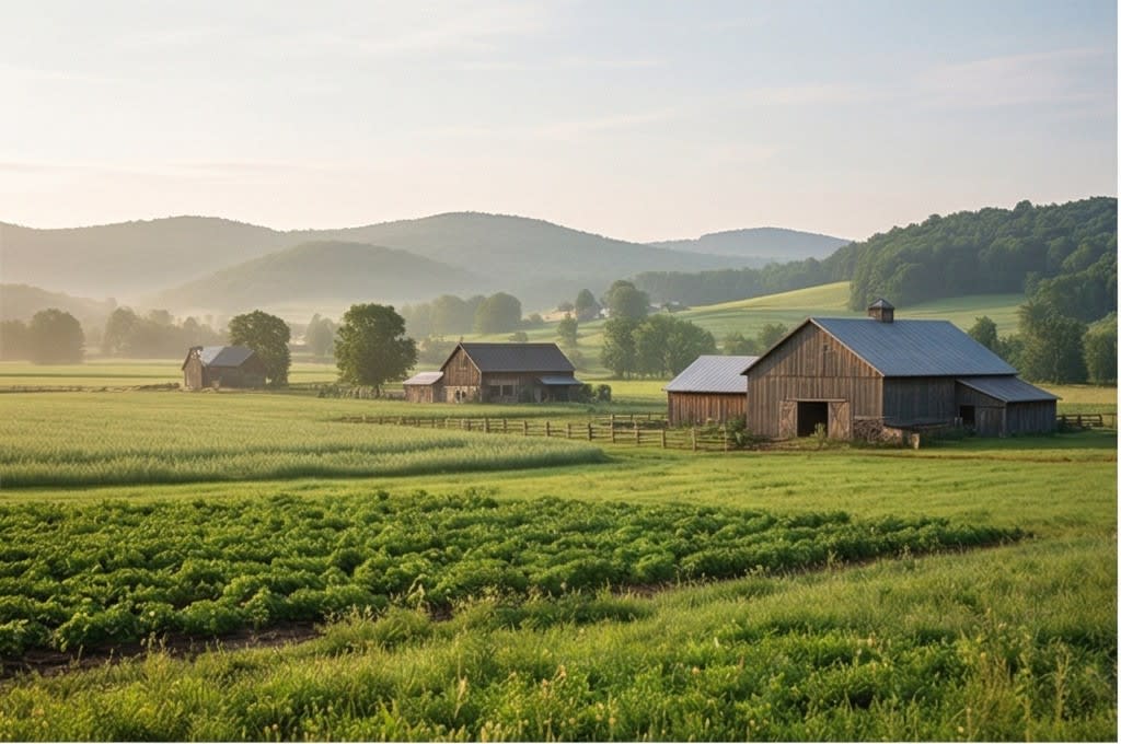 안개 낀 고요한 농장 아침