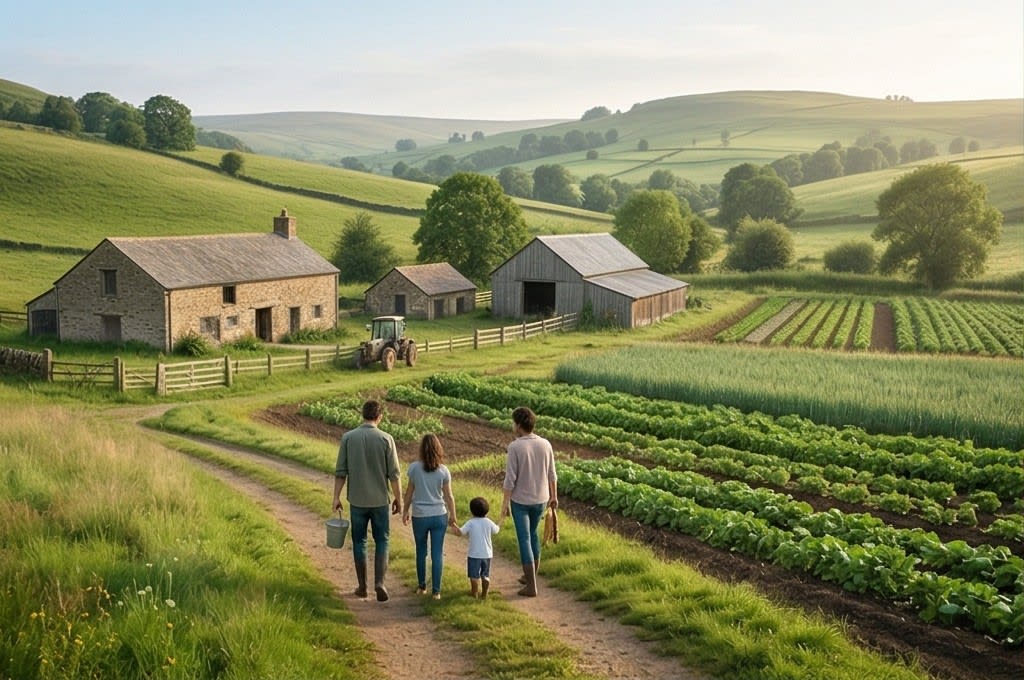 농장 밭길 걷는 가족의 뒷모습