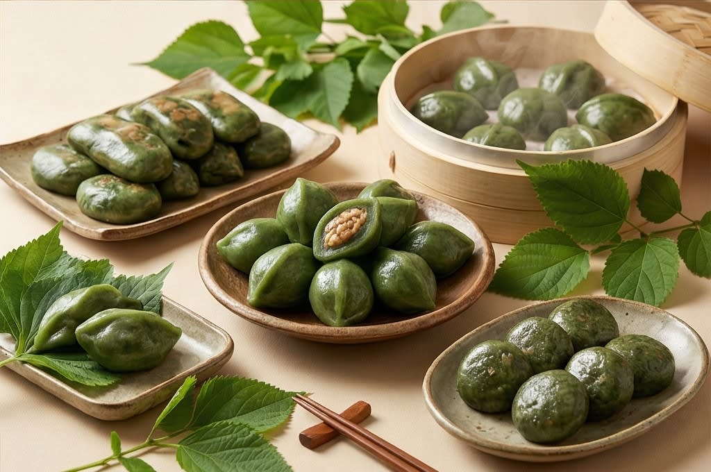 모시잎과 다양한 떡
