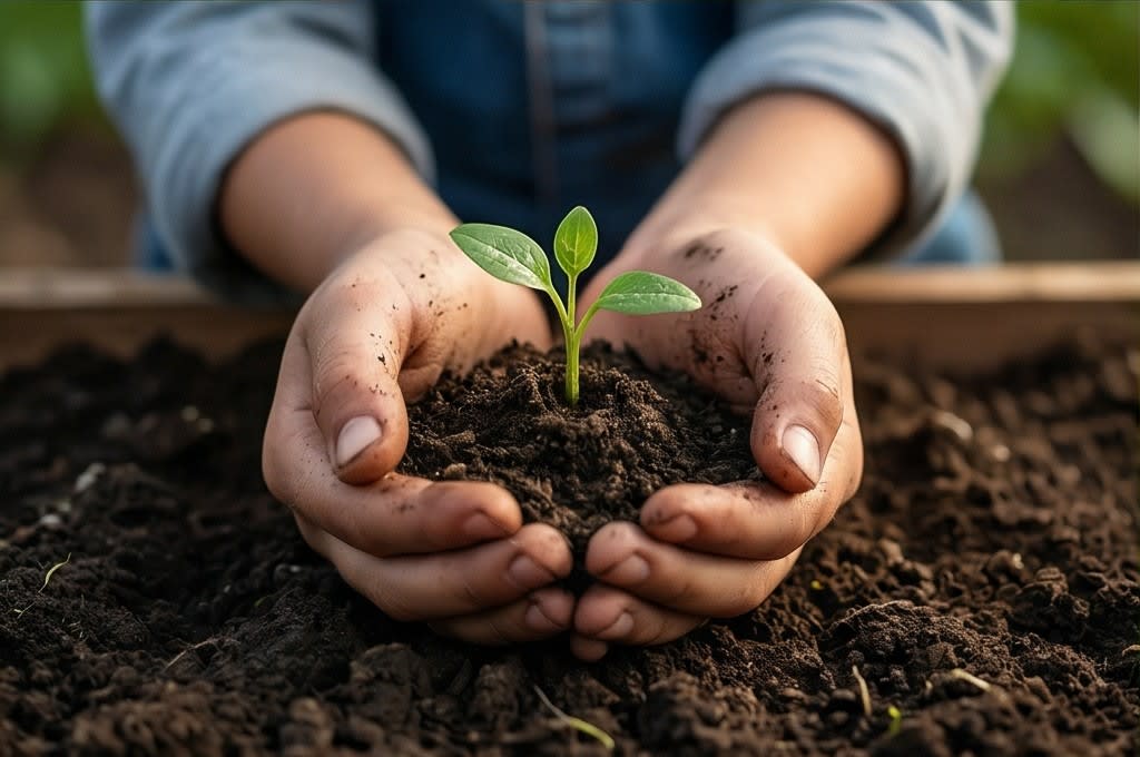 흙 속 어린 새싹을 감싼 손