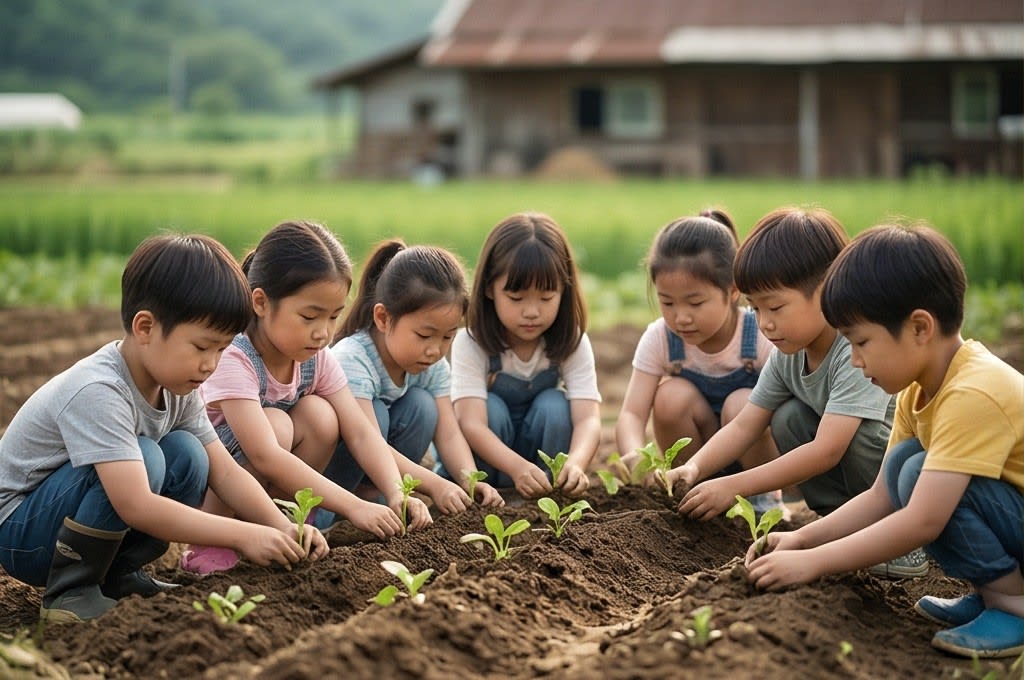 아이들이 텃밭에 모종 심는 모습