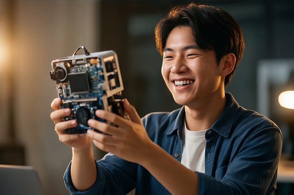 프로젝트 완성에 기뻐하는 학생