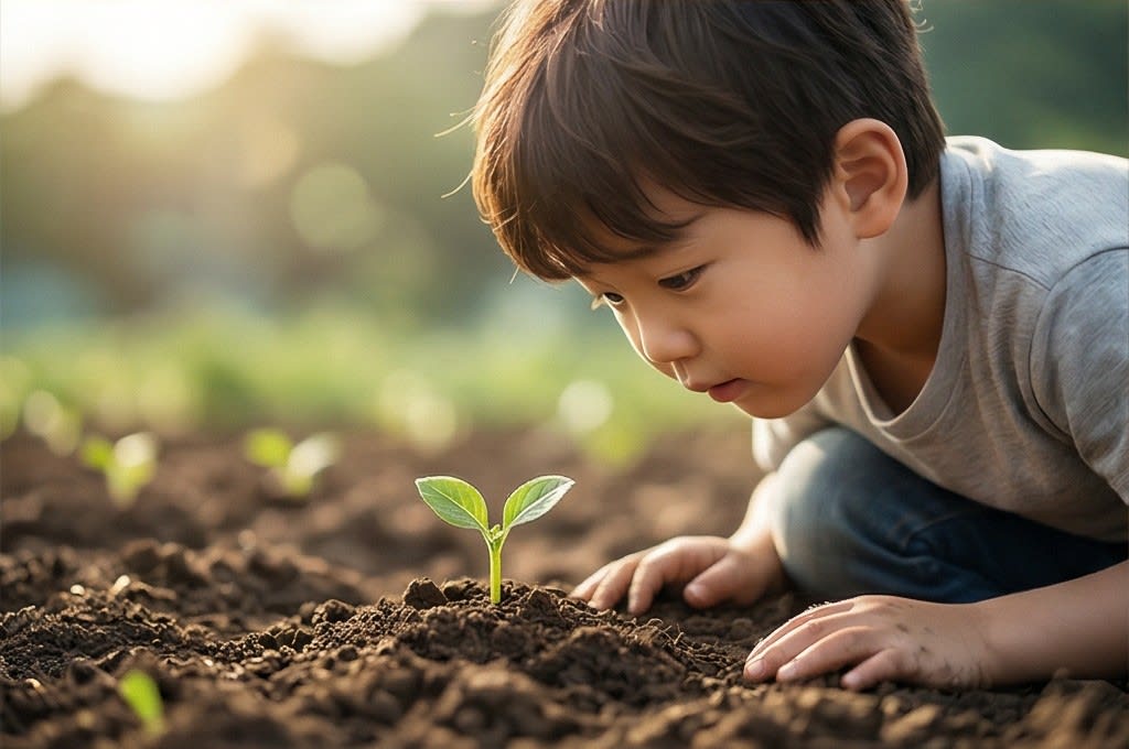 아이가 새싹을 관찰하는 모습