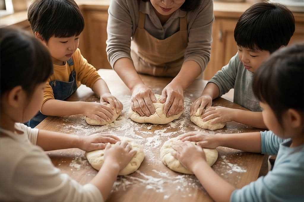 아이들이 밀가루 반죽 체험