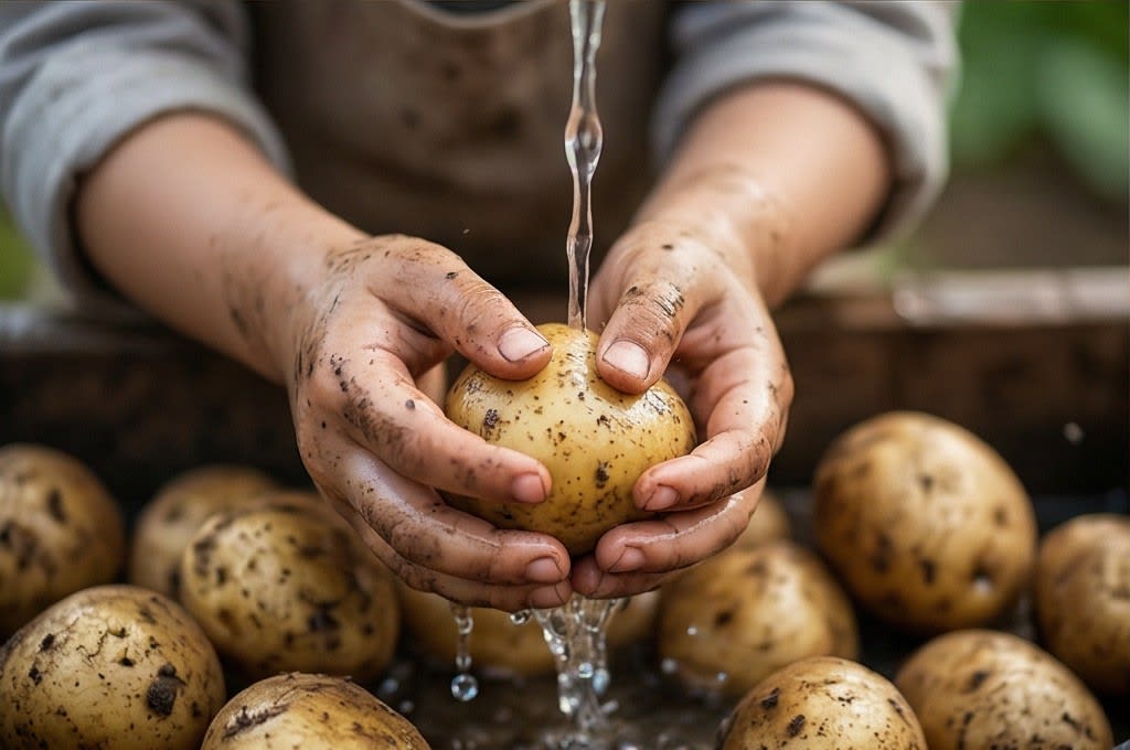 흙 묻은 감자 씻는 손
