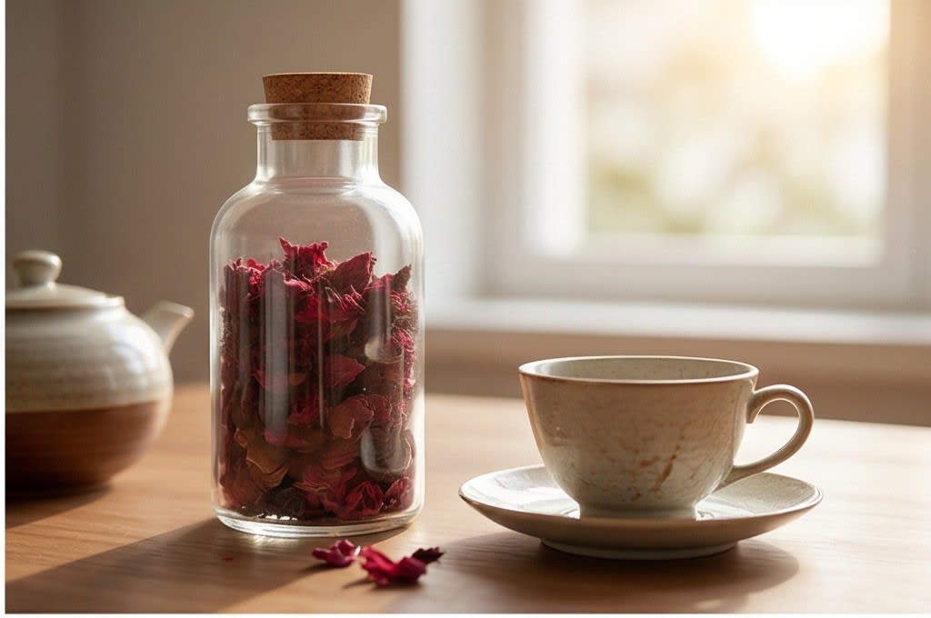 건조 맨드라미 꽃잎과 찻잔