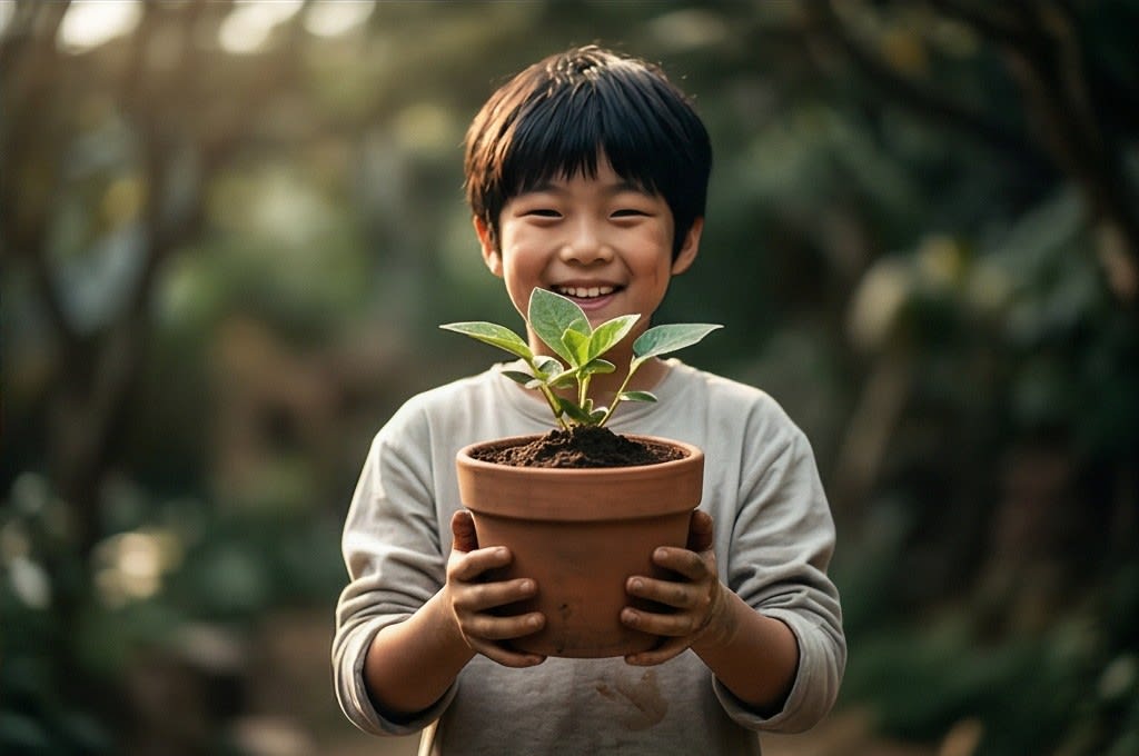 직접 만든 화분을 안고 웃는 아이