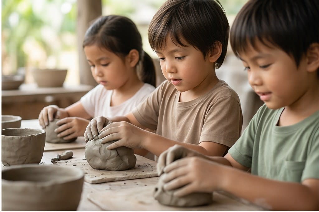 흙으로 도자기 빚는 아이들