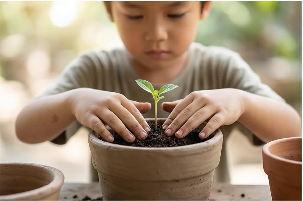 새싹을 돌보는 아이의 손