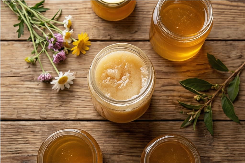 다양한 꿀병과 야생화가 어우러진 모습