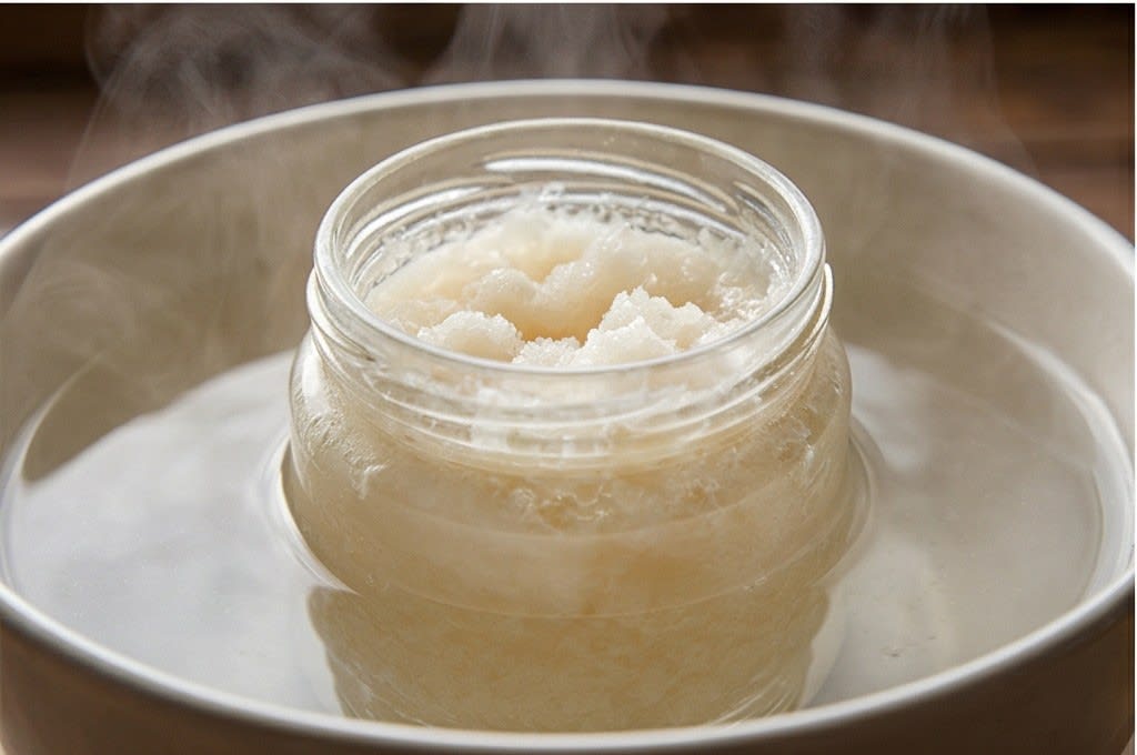 결정화된 꿀을 중탕하여 녹이는 모습