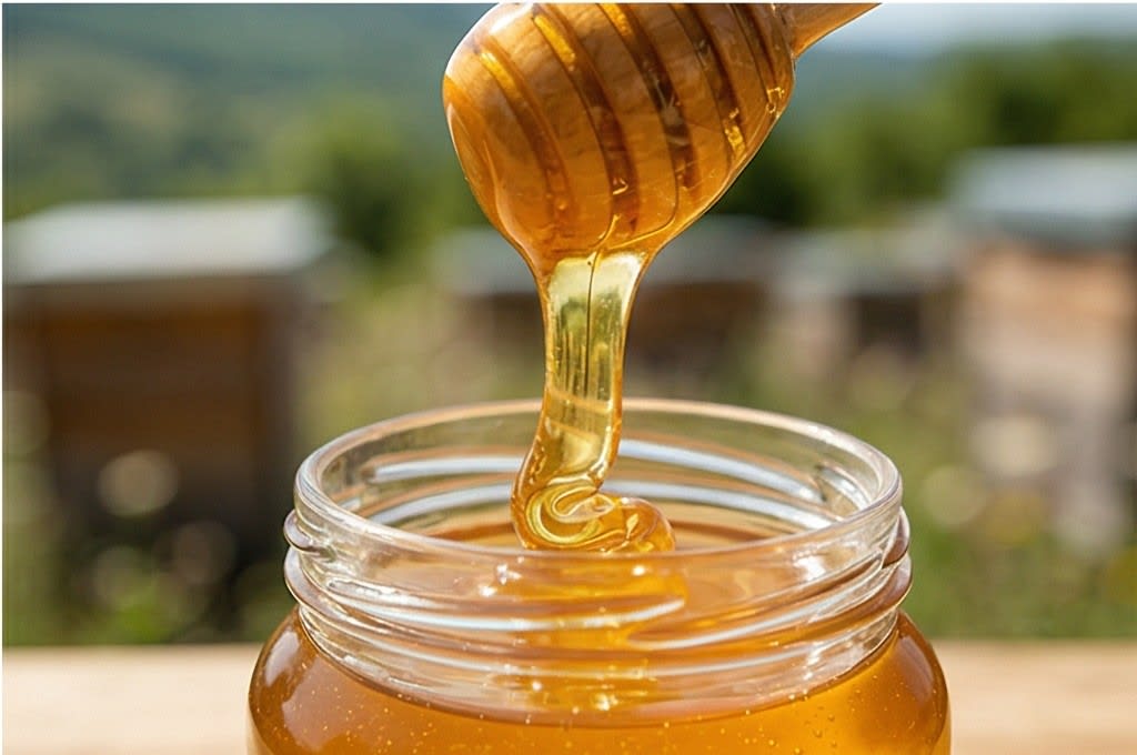 나무 디퍼에서 진득하게 떨어지는 황금빛 꿀