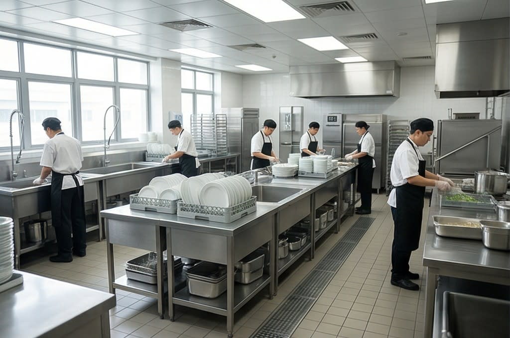 바쁜 대형 주방의 기름 관리