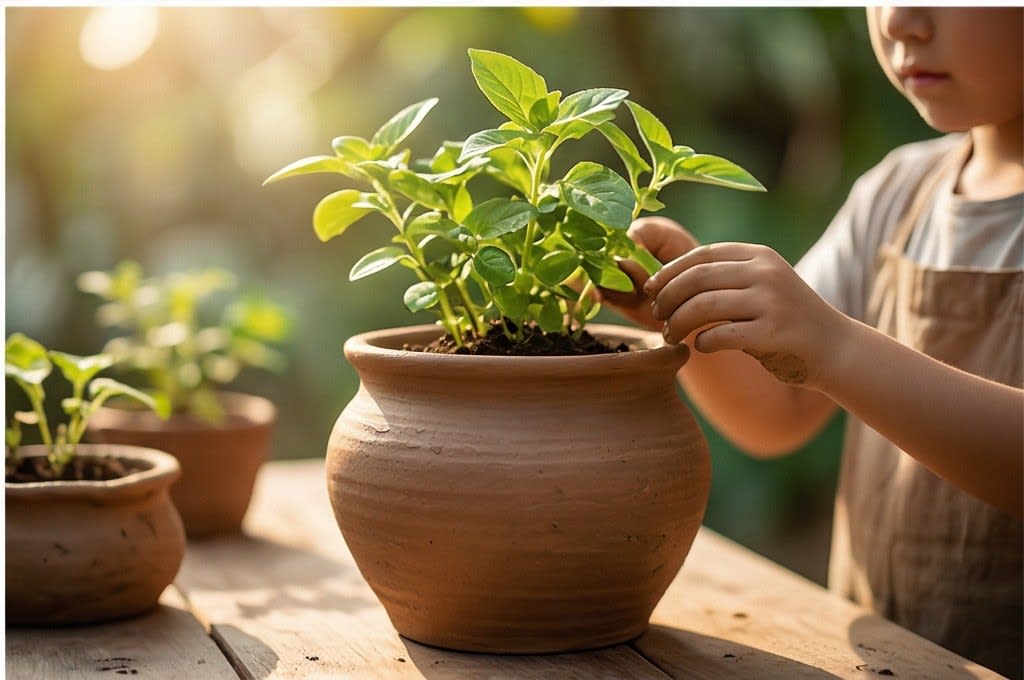 식물을 돌보는 아이의 손