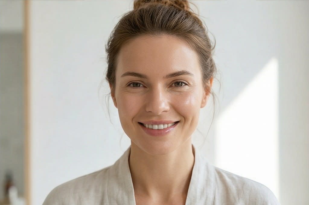 유리코스 사용 후 환하게 미소 짓는 모델