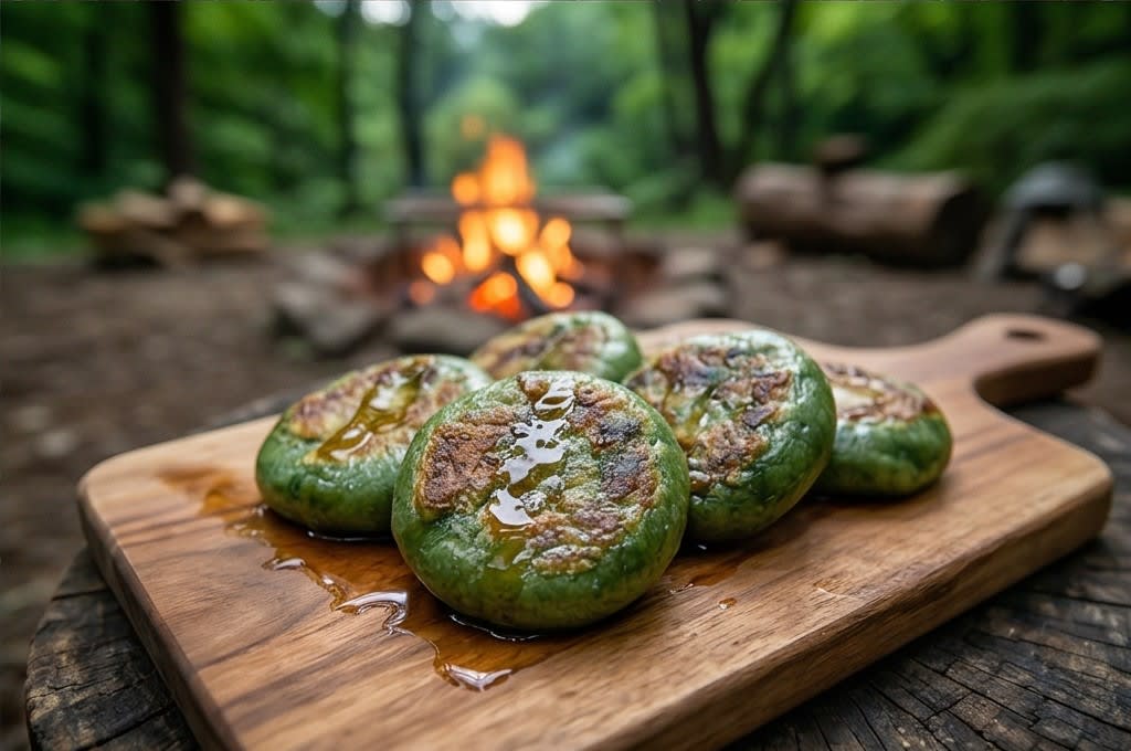 꿀 찍은 구운 쑥갠떡 캠핑 디저트