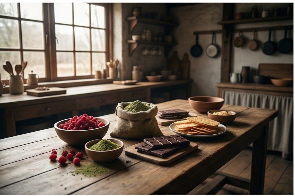 초코칩 만들기의 건강한 원재료들