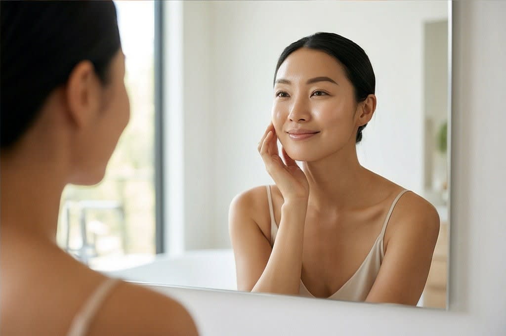 거울을 보며 피부 변화에 만족하는 모델