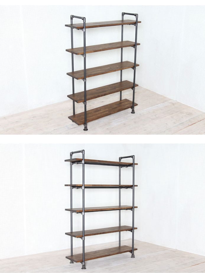 우드 상판과 블랙 파이프 프레임의 5단 선반