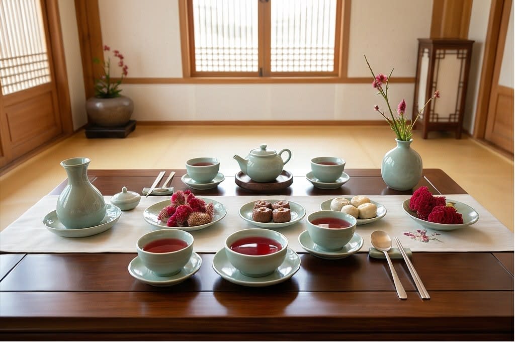 한옥 배경 다상 차림