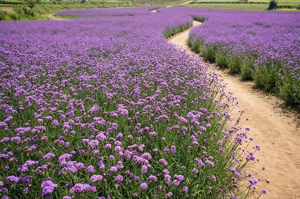 보랏빛 꽃밭의 신비로운 길