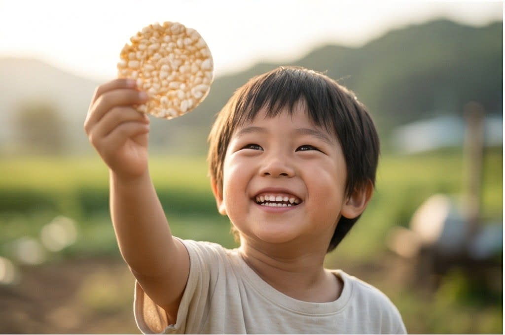 쌀칩 들고 웃는 아이
