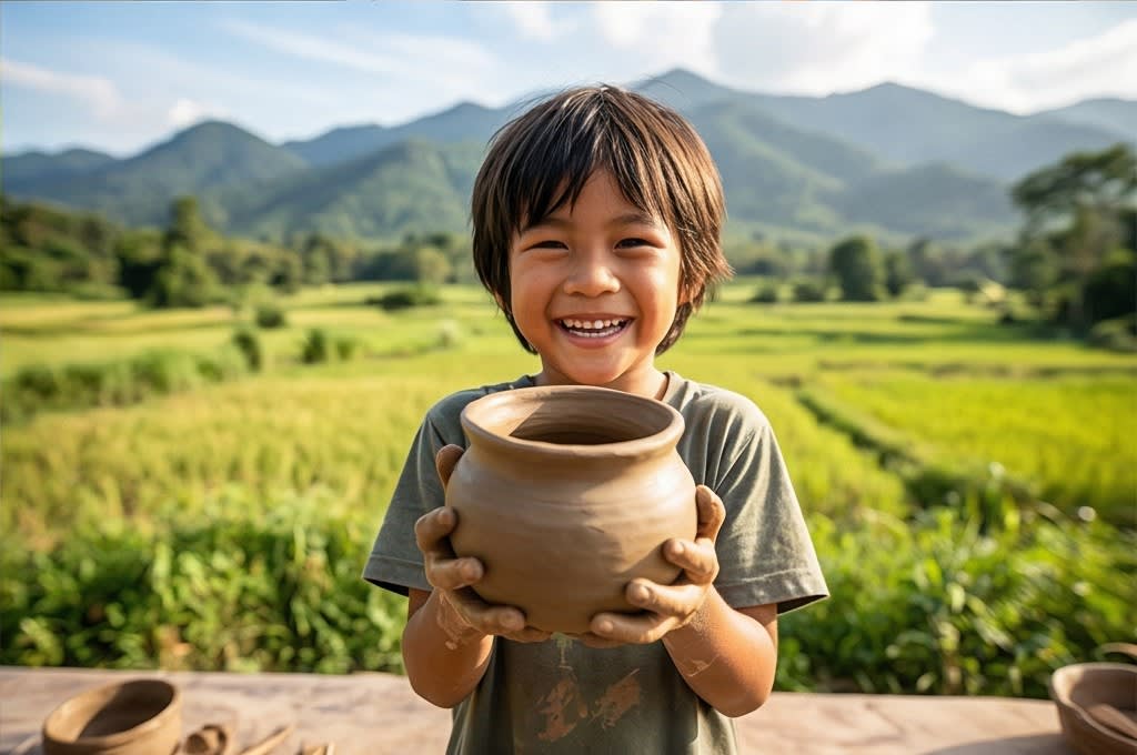 논밭 배경 도자기 든 아이