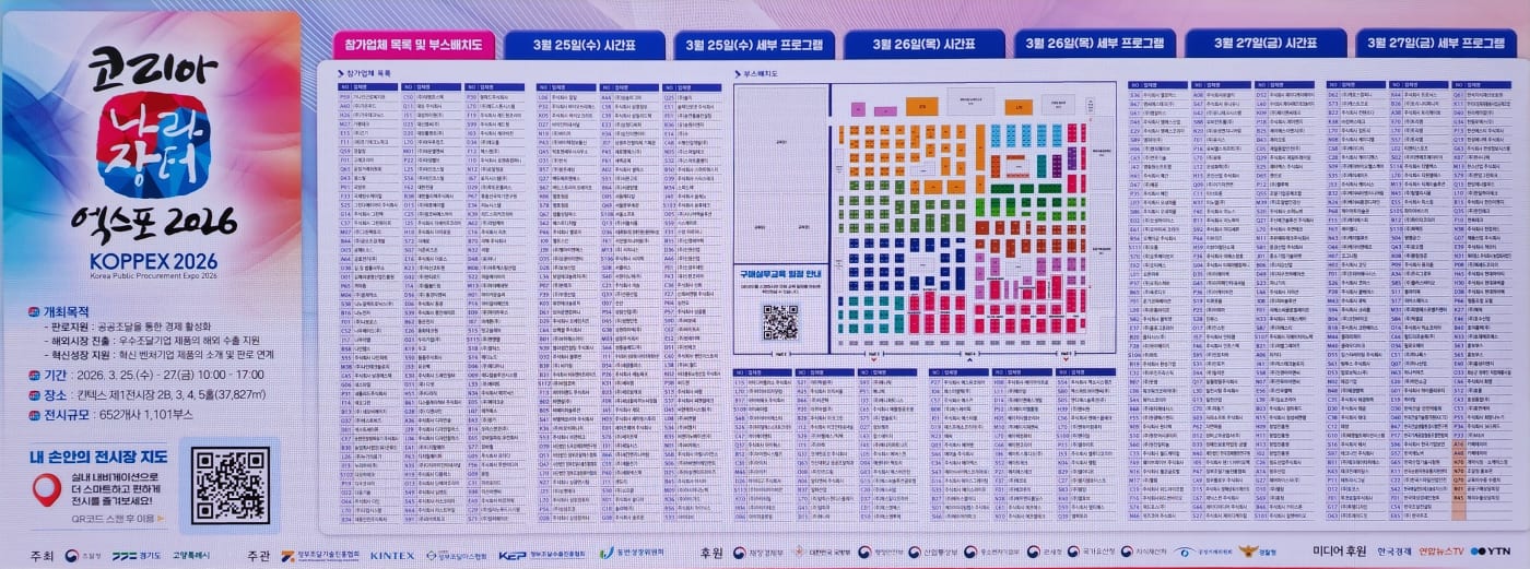 킨텍스 제1전시장의 방대한 규모를 실감케 하는 700개사 1,300부스 규모의 전체 배치도와 3일간의 상세 프로그램이 포함된 종합 안내 보드입니다.