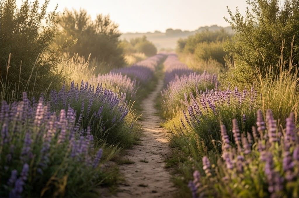 맥문동 꽃밭 사이로 난 몽환적인 오솔길
