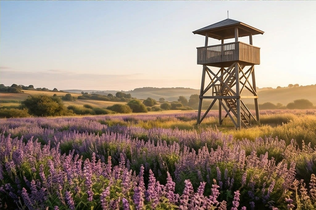노을 지는 맥문동 꽃밭의 이국적인 풍경