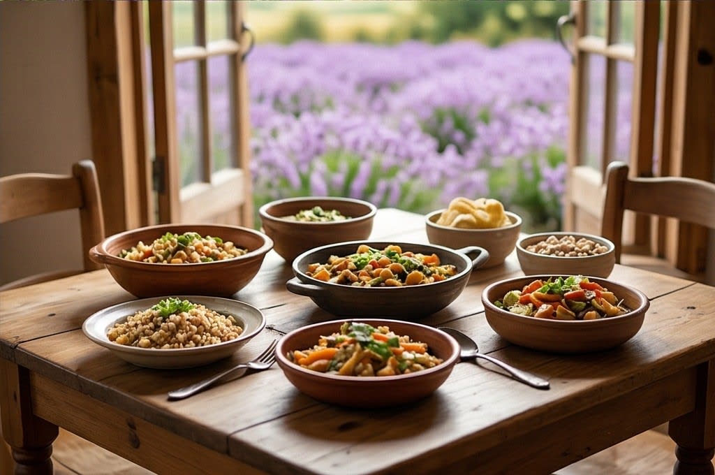 맥문동 꽃밭이 보이는 따뜻한 시골 밥상