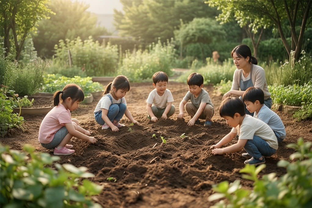 아이들이 숲과 밭에서 흙을 일구는 모습