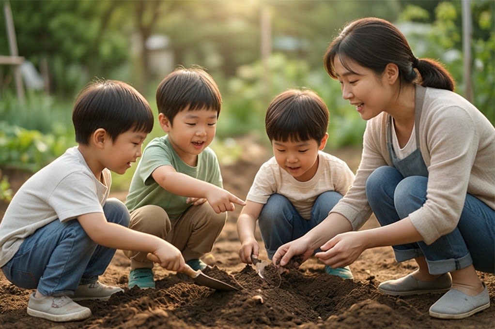 선생님과 아이들이 흙 속 생명체 관찰