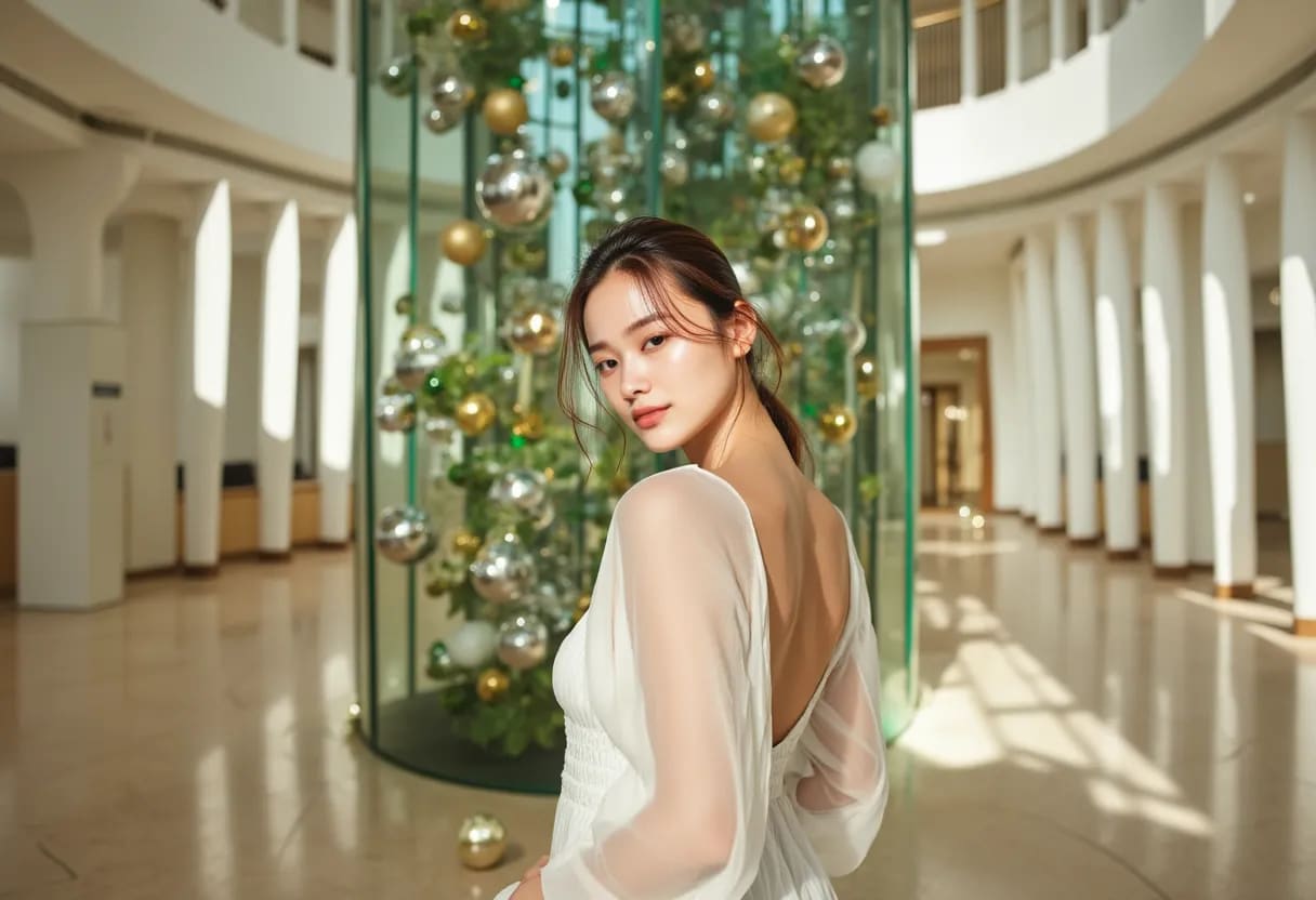 A model in a graceful white dress exudes a luxurious mood against a dazzling year-end backdrop, showcasing YURICO5's clear and radiant skin glow.