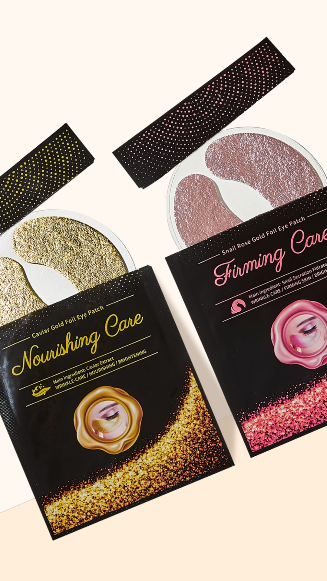 Composed of two eye patch variants in luxurious gold and rose gold foil packaging, showcasing an advanced anti-aging solution for eye elasticity and nourishment.