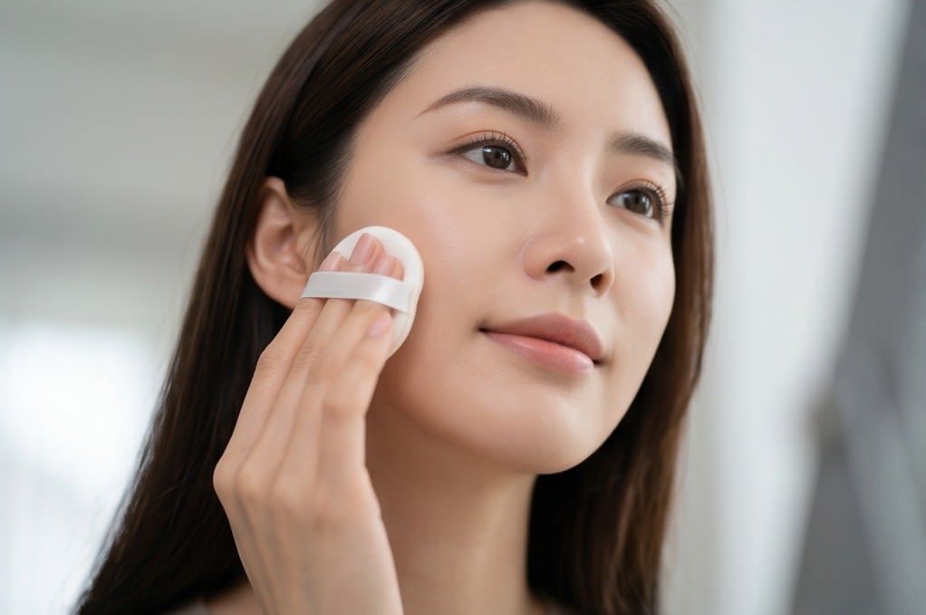 Tapping compact onto the cheek for adhesion