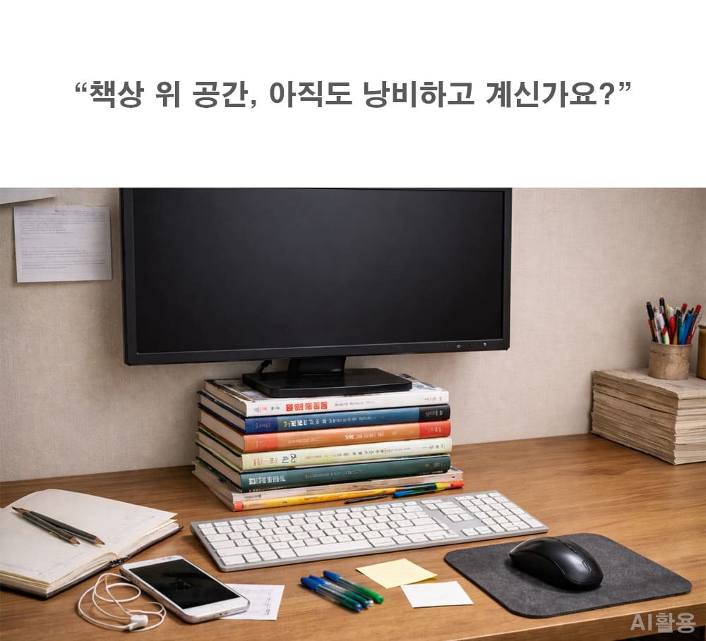 어지러운 책상과 잘못된 모니터 높이