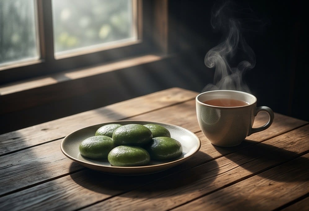 아침 햇살 아래 따뜻한 차와 모시떡