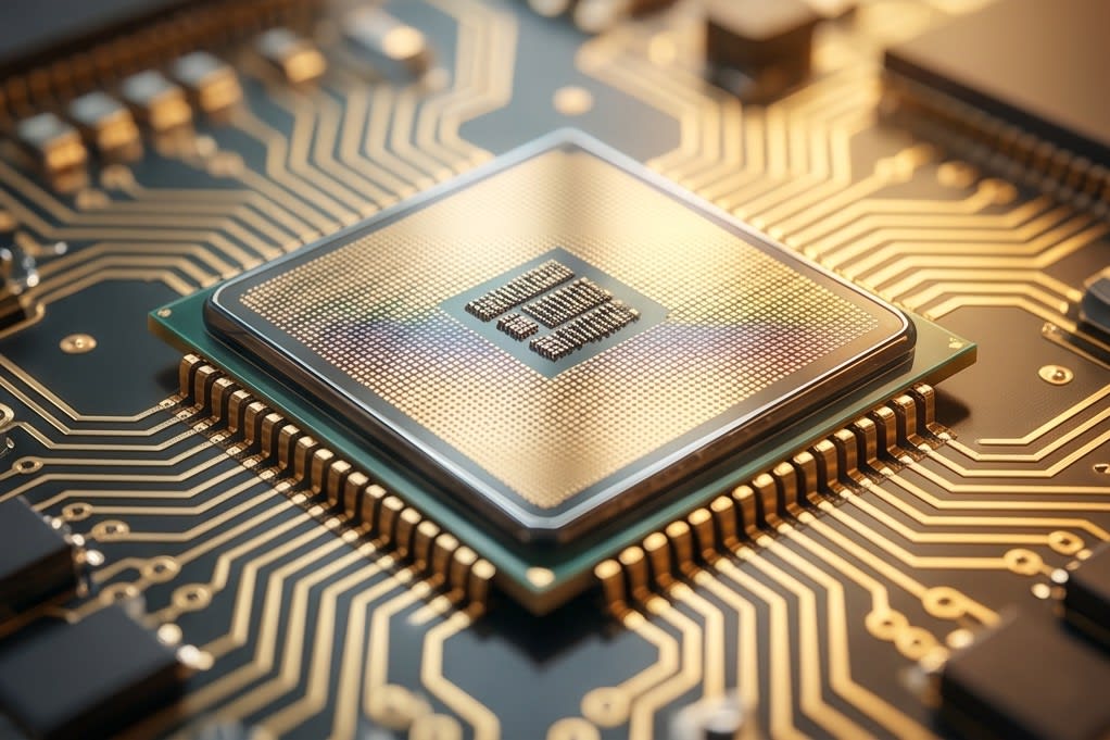 An extreme close-up view of an intricately designed semiconductor chip
