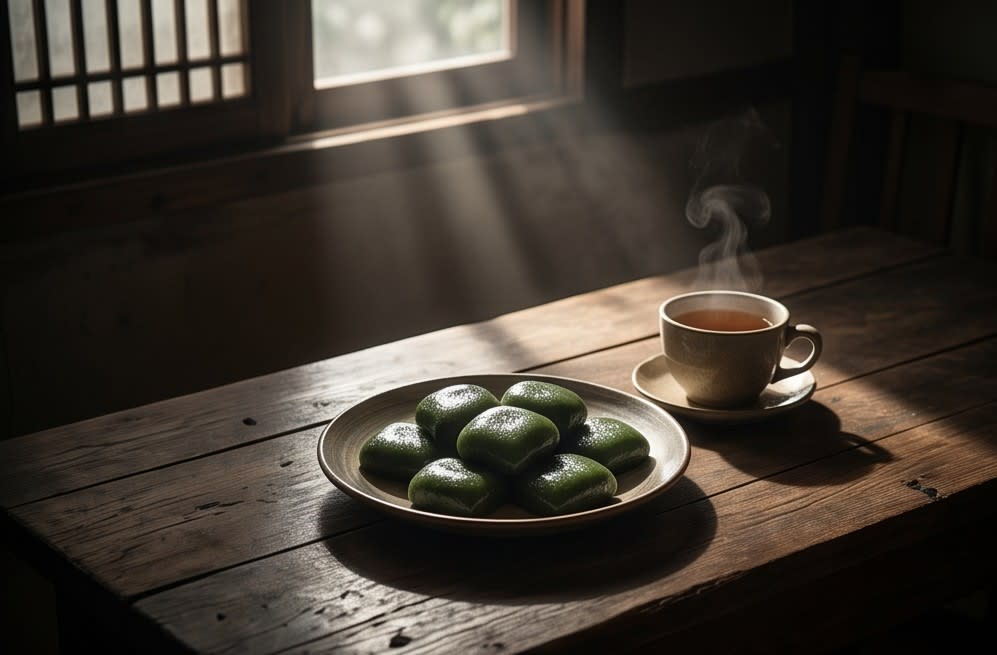 햇살을 받으며 차와 함께 즐기는 모시떡