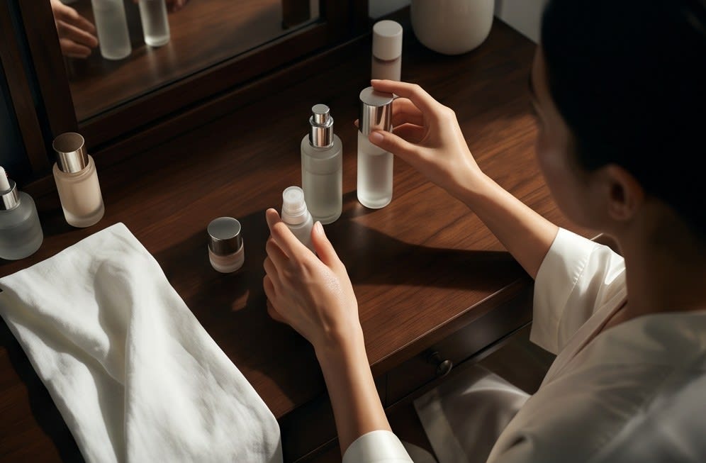 A neat beauty routine on a vanity