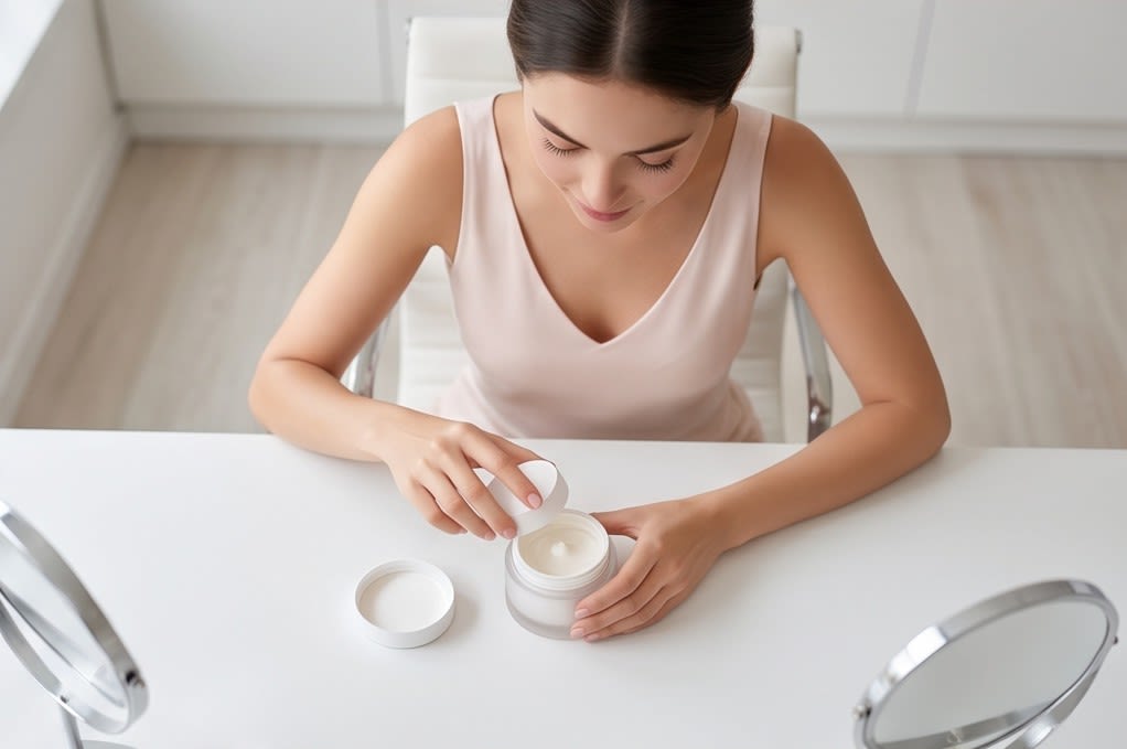 A model using the cream at a desk