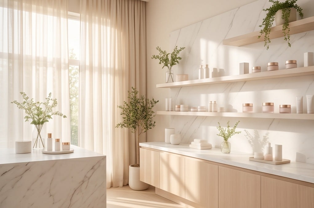 Products neatly arranged on a pharmacy display shelf