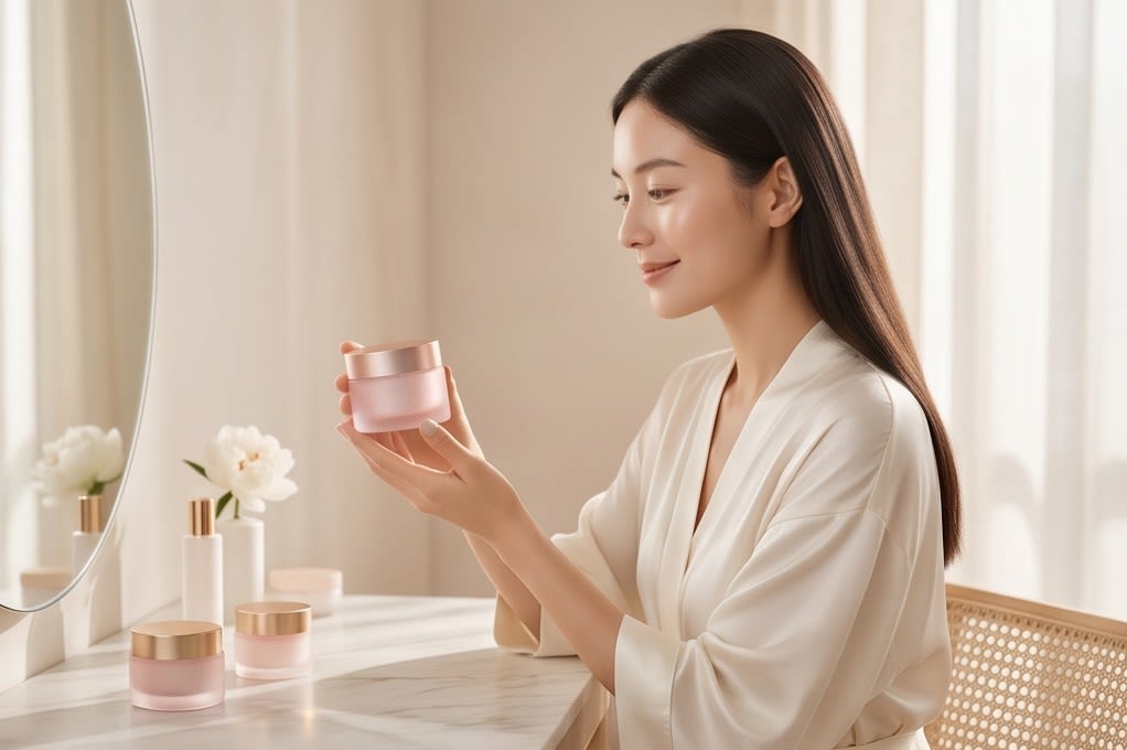 A model looking at the cream in front of a vanity