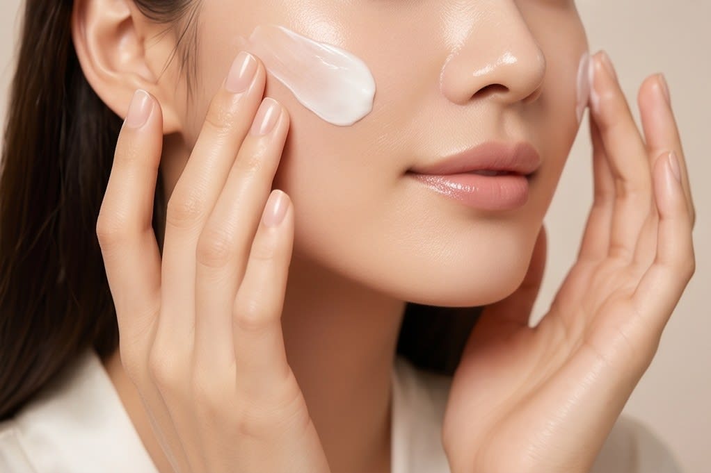 Cream texture being applied to the cheek