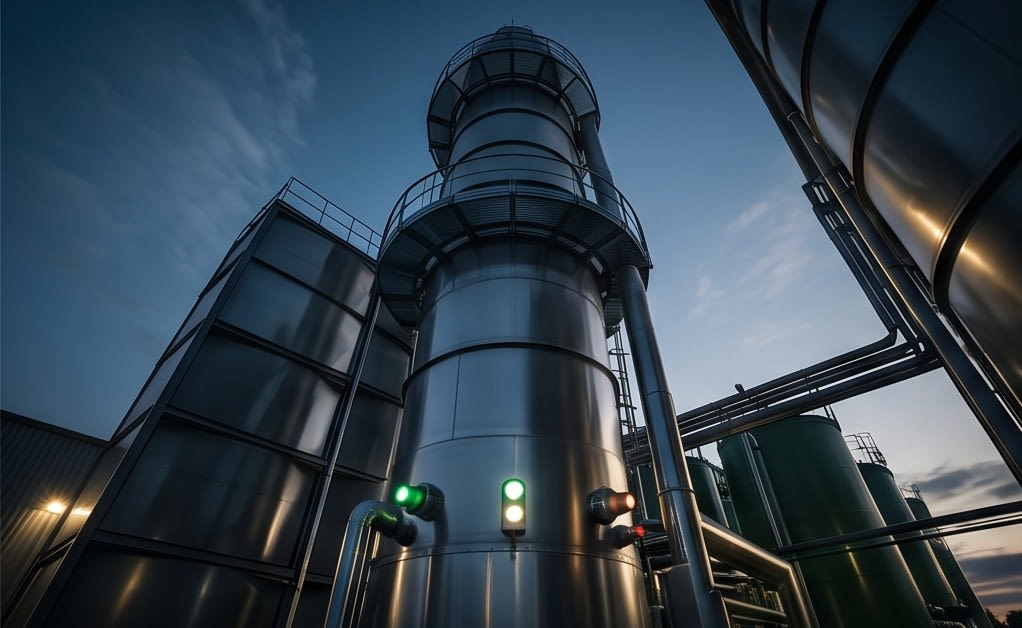 View of a vertical deodorization tower in a large-scale environmental facility