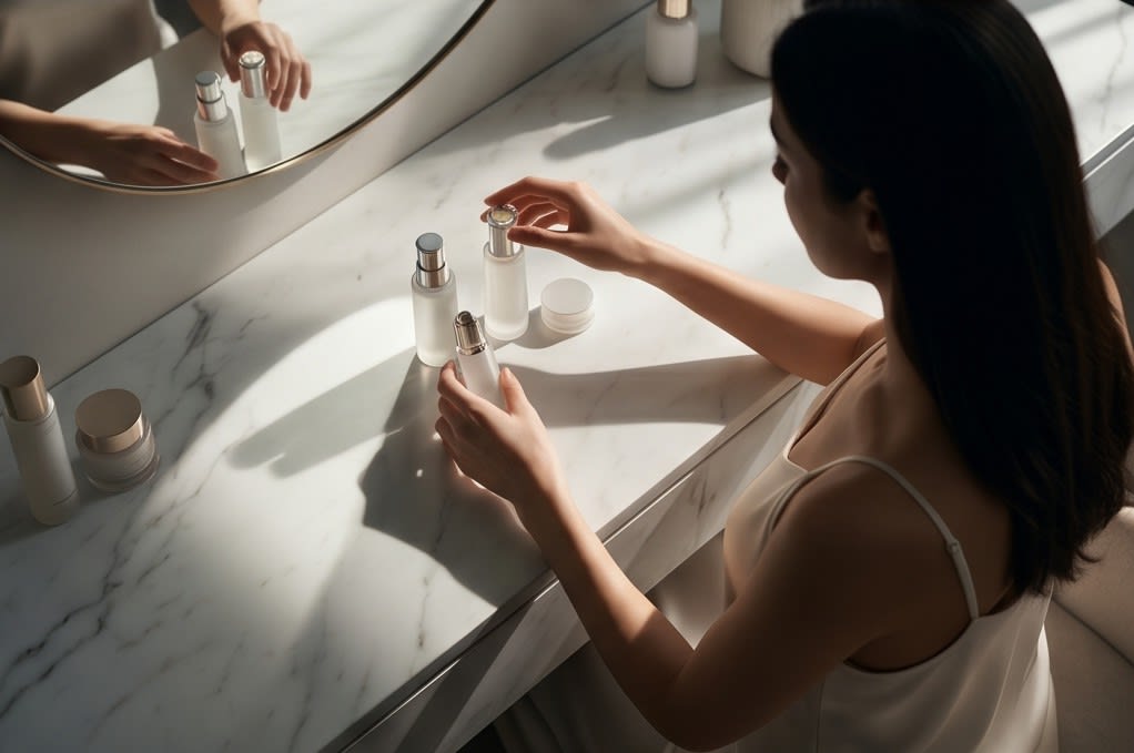 skincare prep in front of a vanity